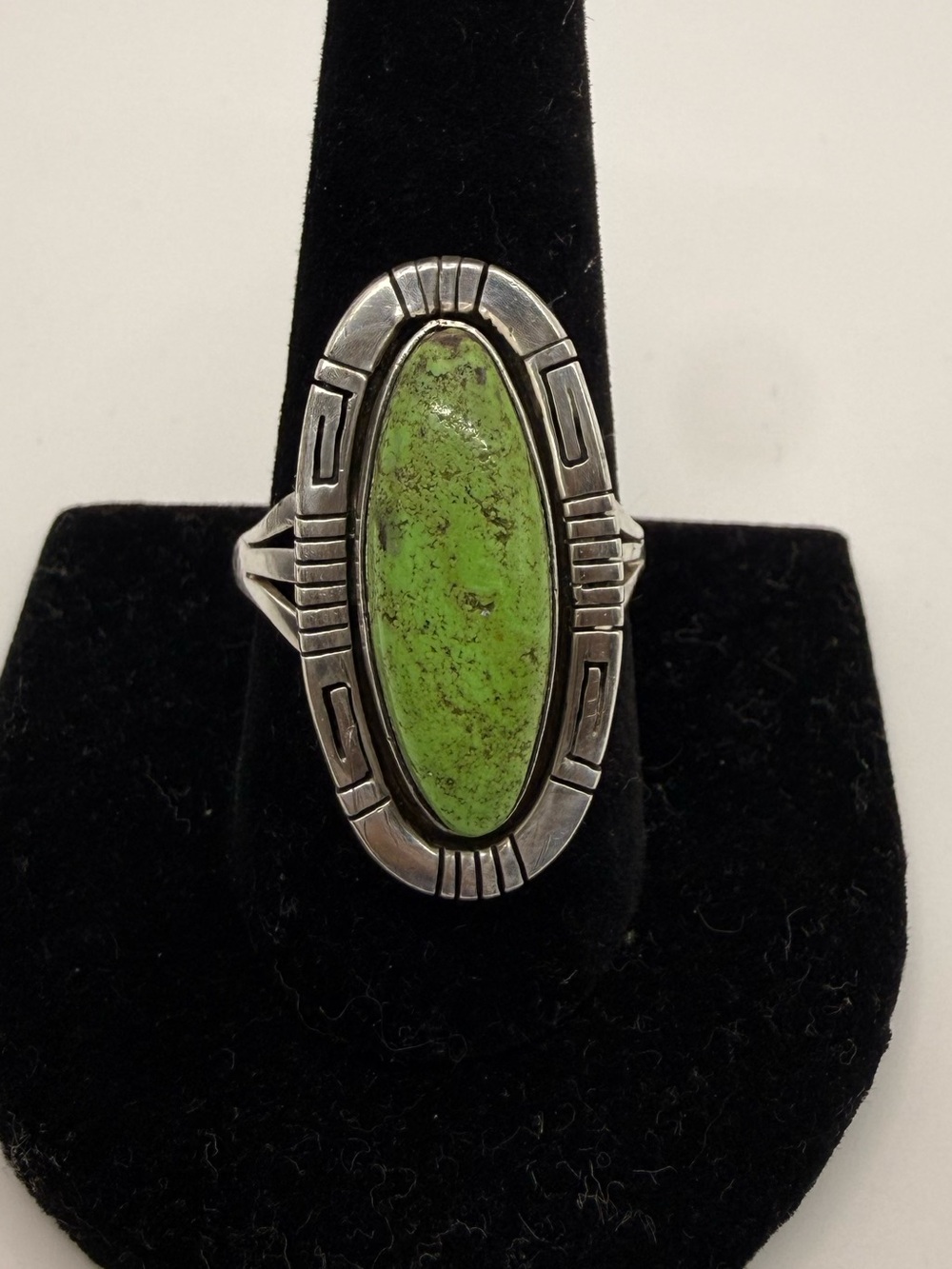 Vintage Sterling HH Green Matrix Stone Statement Ring Size 9.75